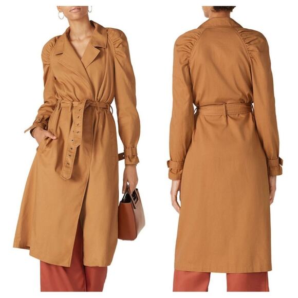 Love, Whit by Whitney Port Jackets & Blazers - LOVE, WHIT BY WHITNEY PORT Brown Trench Coat Puff Sleeves Tie Belt Size XS